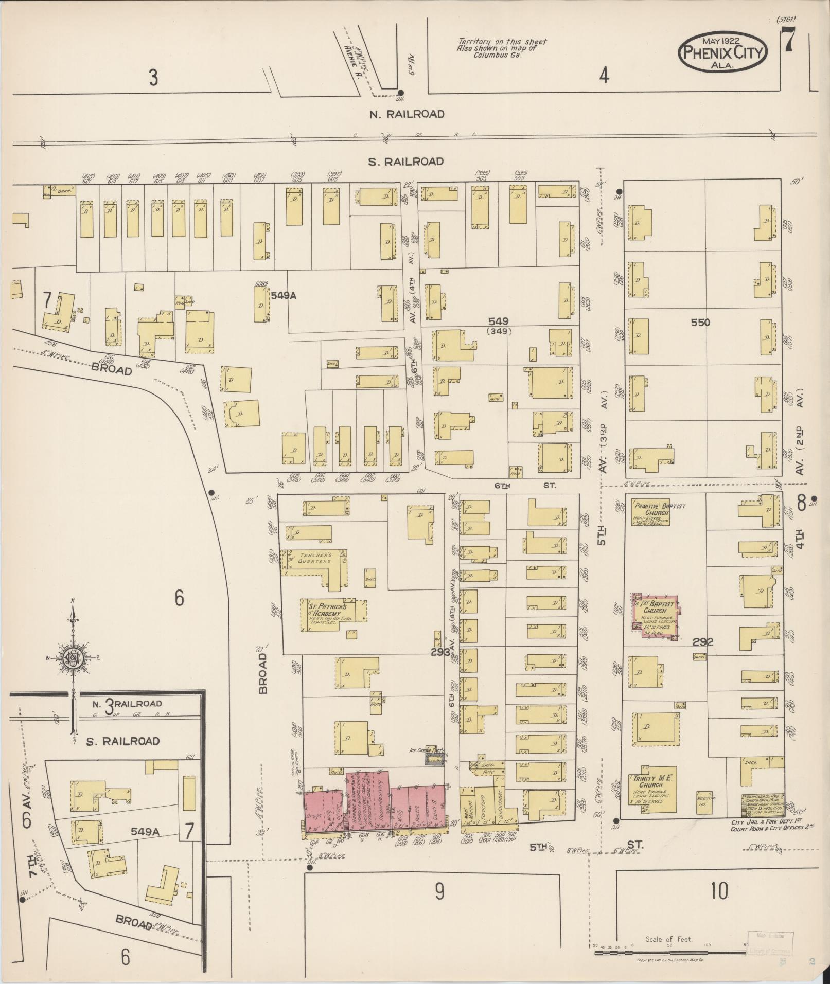 Sanborn Fire Insurance Map from Phenix City, Lee And Russell Counties, Alabama (1922), Sheet #0007 - Historic Sanborn Fire Insurance Map Print, vintage old map wall art, antique decor, genealogy gift, Alabama Alabama map