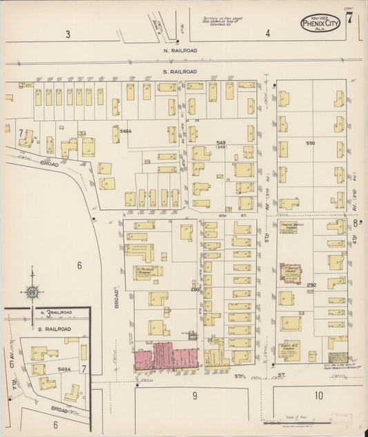 Sanborn Fire Insurance Map from Phenix City, Lee And Russell Counties, Alabama (1922), Sheet #0007 - Historic Sanborn Fire Insurance Map Print, vintage old map wall art, antique decor, genealogy gift, Alabama Alabama map