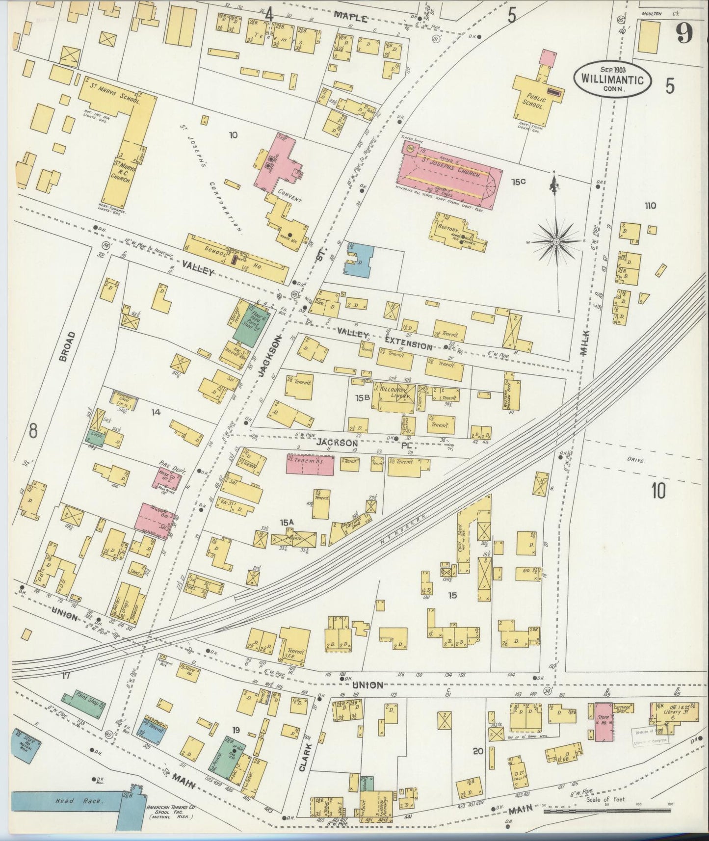Sanborn Fire Insurance Map from Willimantic, Windham County, Connecticut (1903), Sheet #0009 - Complete Map Set gallery image, historic Sanborn map, vintage wall art, Connecticut Connecticut