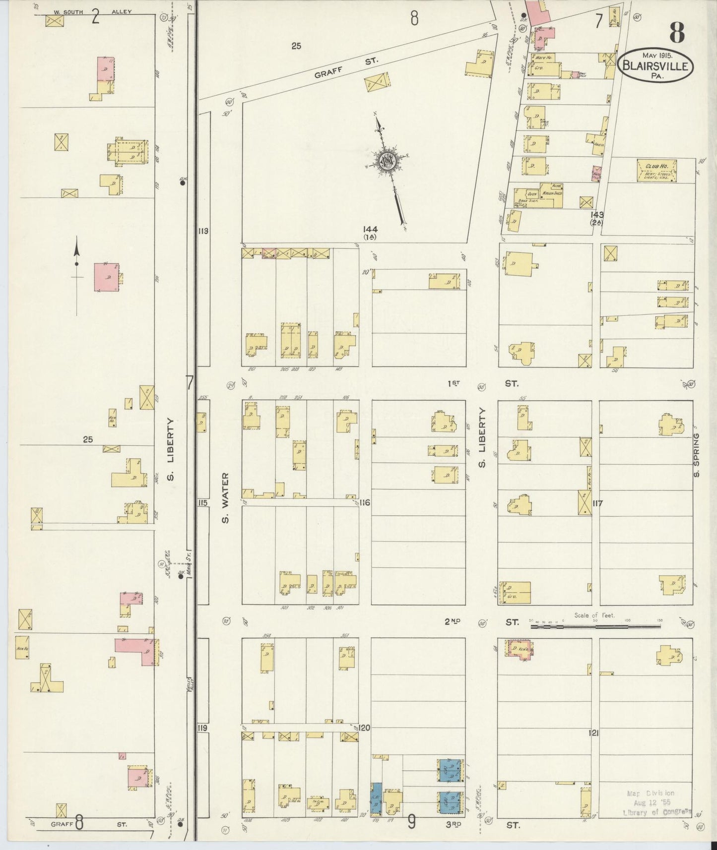 Sanborn Fire Insurance Map from Blairsville, Indiana County, Pennsylvania (1915), Sheet #0008 - Historic Sanborn Fire Insurance Map Print, vintage old map wall art, antique decor, genealogy gift, Blairsville Indiana map