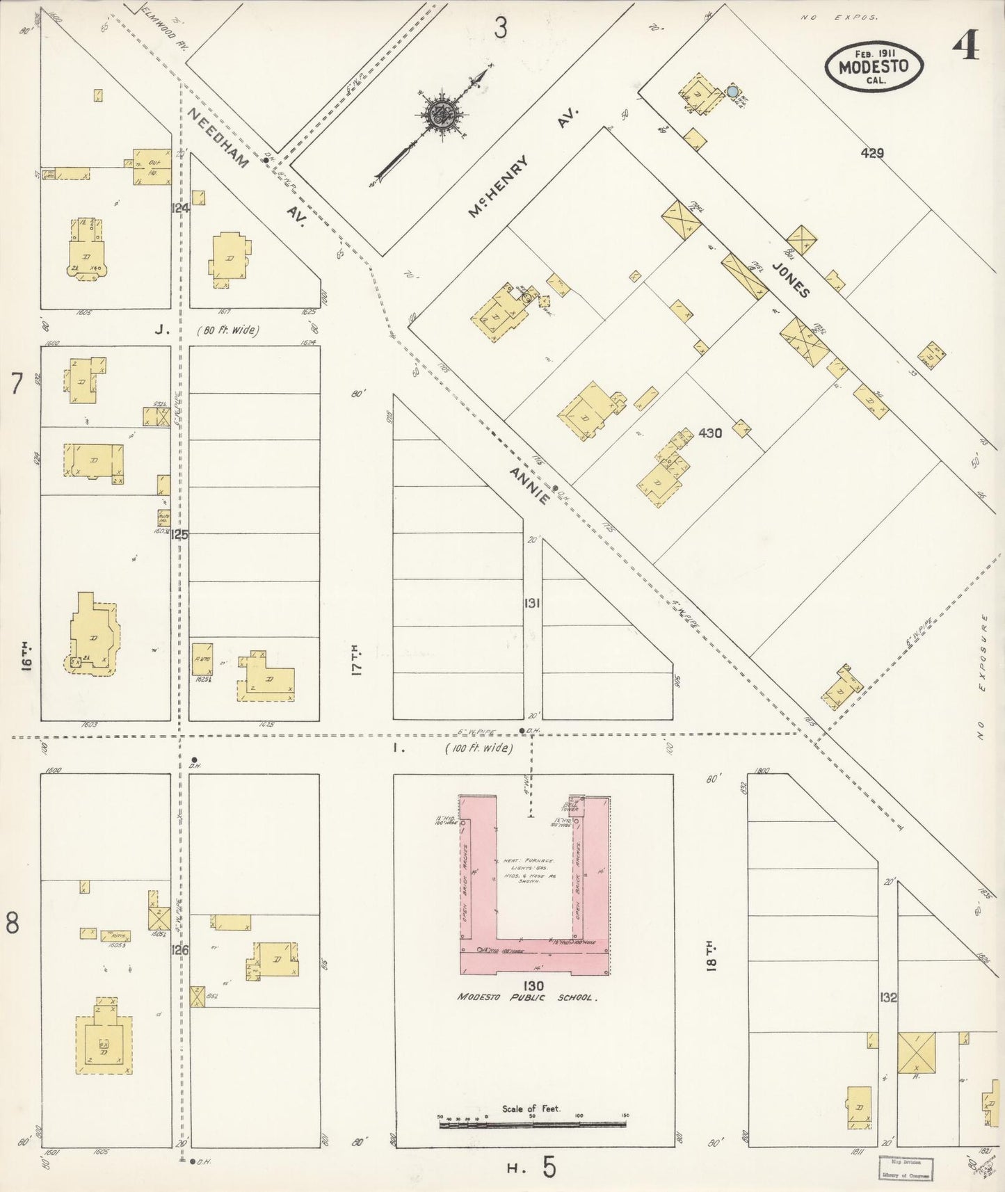 Sanborn Fire Insurance Map from Modesto, Stanislaus County, California (1911), Sheet #0004 - Complete Map Set gallery image, historic Sanborn map, vintage wall art, California California
