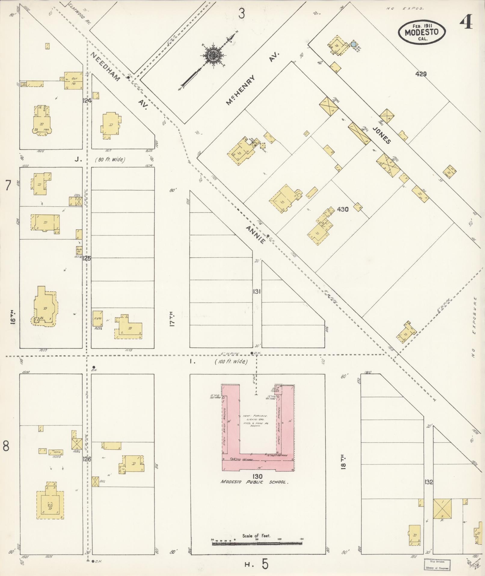Sanborn Fire Insurance Map from Modesto, Stanislaus County, California (1911), Sheet #0004 - Complete Map Set gallery image, historic Sanborn map, vintage wall art, California California