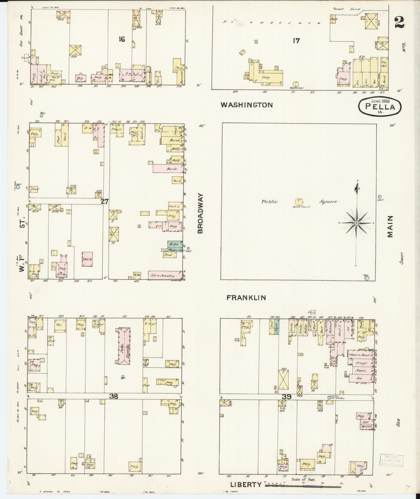 Sanborn Fire Insurance Map from Pella, Marion County, Iowa (1888), Sheet #0002 - Historic Sanborn Fire Insurance Map Print, vintage old map wall art