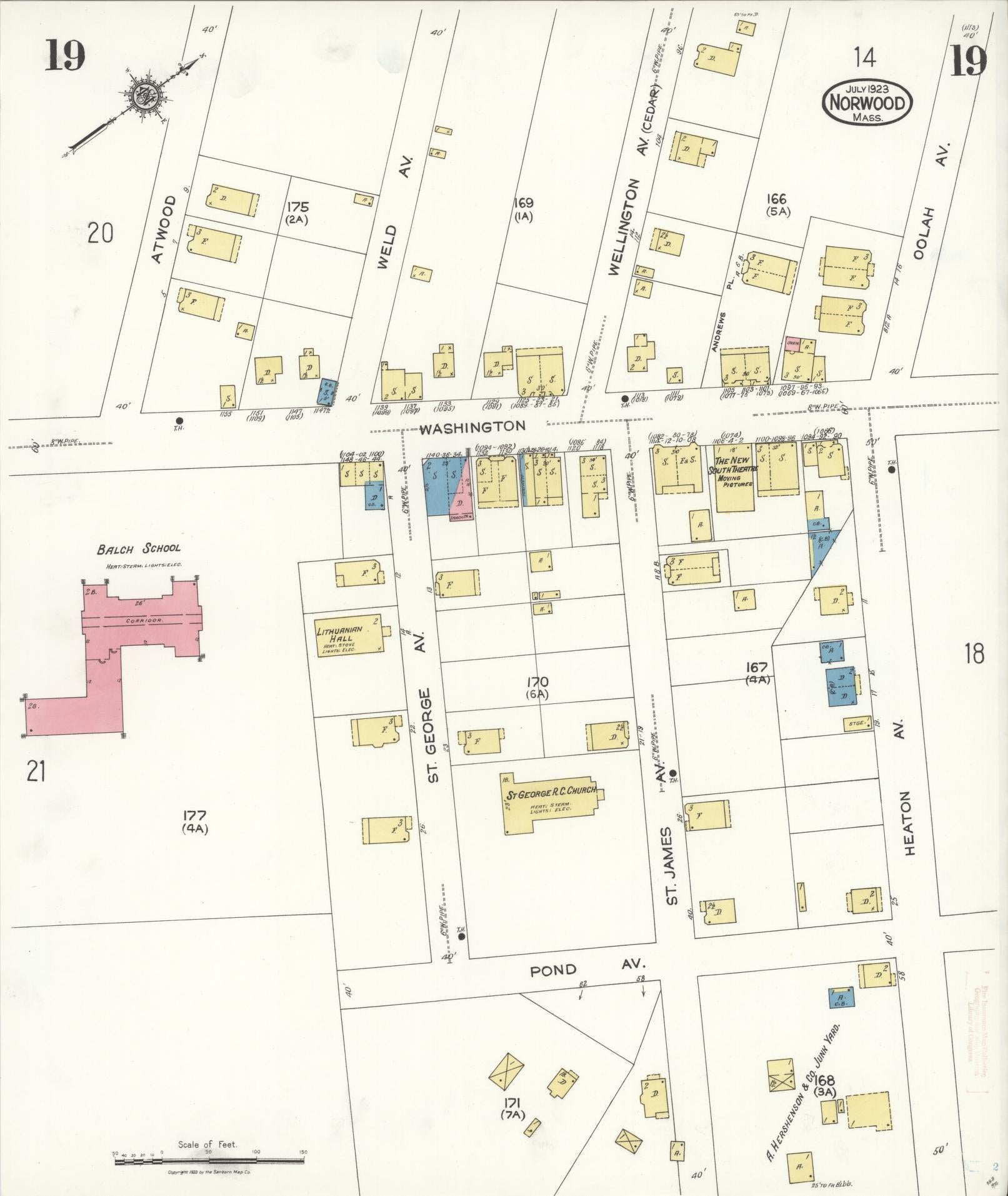 Sanborn Fire Insurance Map from Norwood, Norfolk County, Massachusetts (1923), Sheet #0019 - Historic Sanborn Fire Insurance Map Print, vintage old map wall art, antique decor, genealogy gift, Massachusetts Massachusetts map