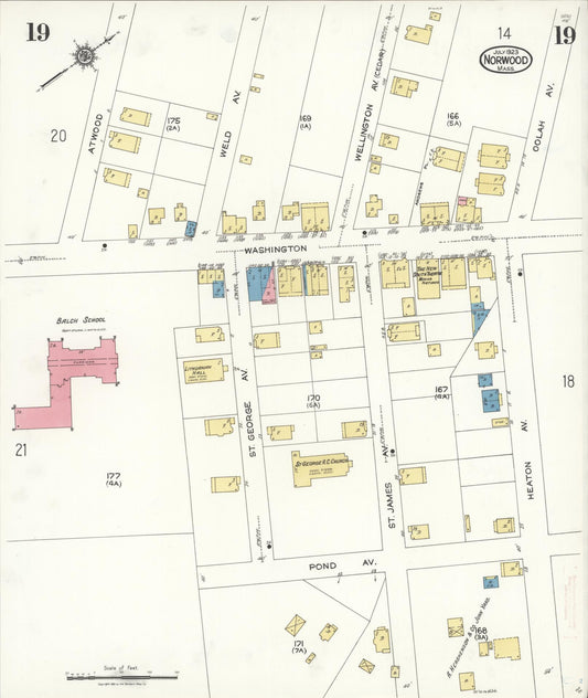 Sanborn Fire Insurance Map from Norwood, Norfolk County, Massachusetts (1923), Sheet #0019 - Historic Sanborn Fire Insurance Map Print, vintage old map wall art, antique decor, genealogy gift, Massachusetts Massachusetts map