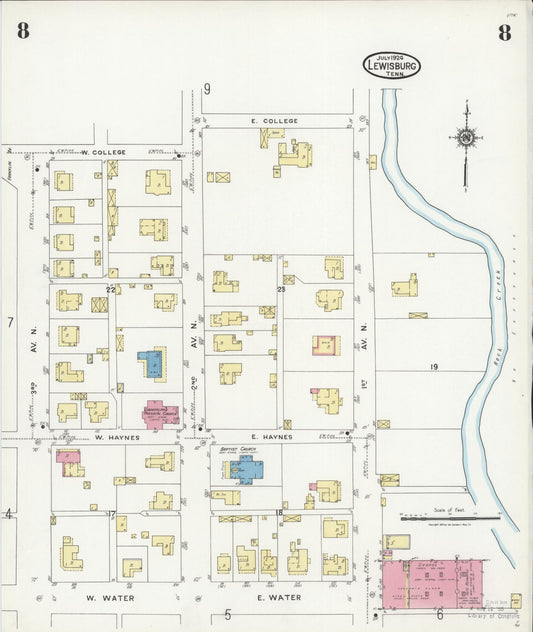 Sanborn Fire Insurance Map from Lewisburg, Marshall County, Tennessee (1924), Sheet #0008 - Historic Sanborn Fire Insurance Map Print, vintage old map wall art, antique decor, genealogy gift, Tennessee Tennessee map