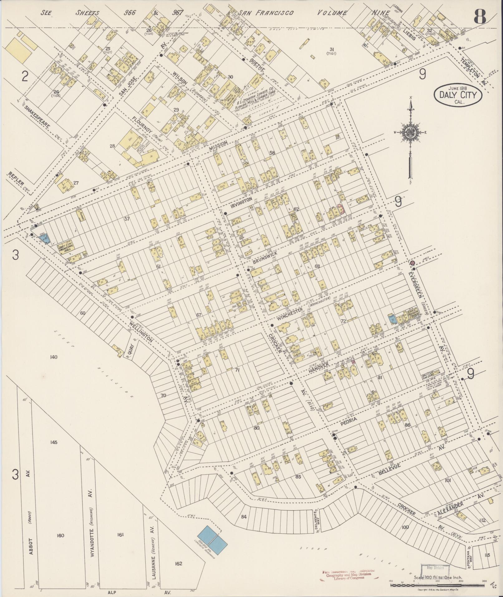 Sanborn Fire Insurance Map from Daly City, San Mateo County, California (1918), Sheet #0008 - Historic Sanborn Fire Insurance Map Print, vintage old map wall art, antique decor, genealogy gift, California California map