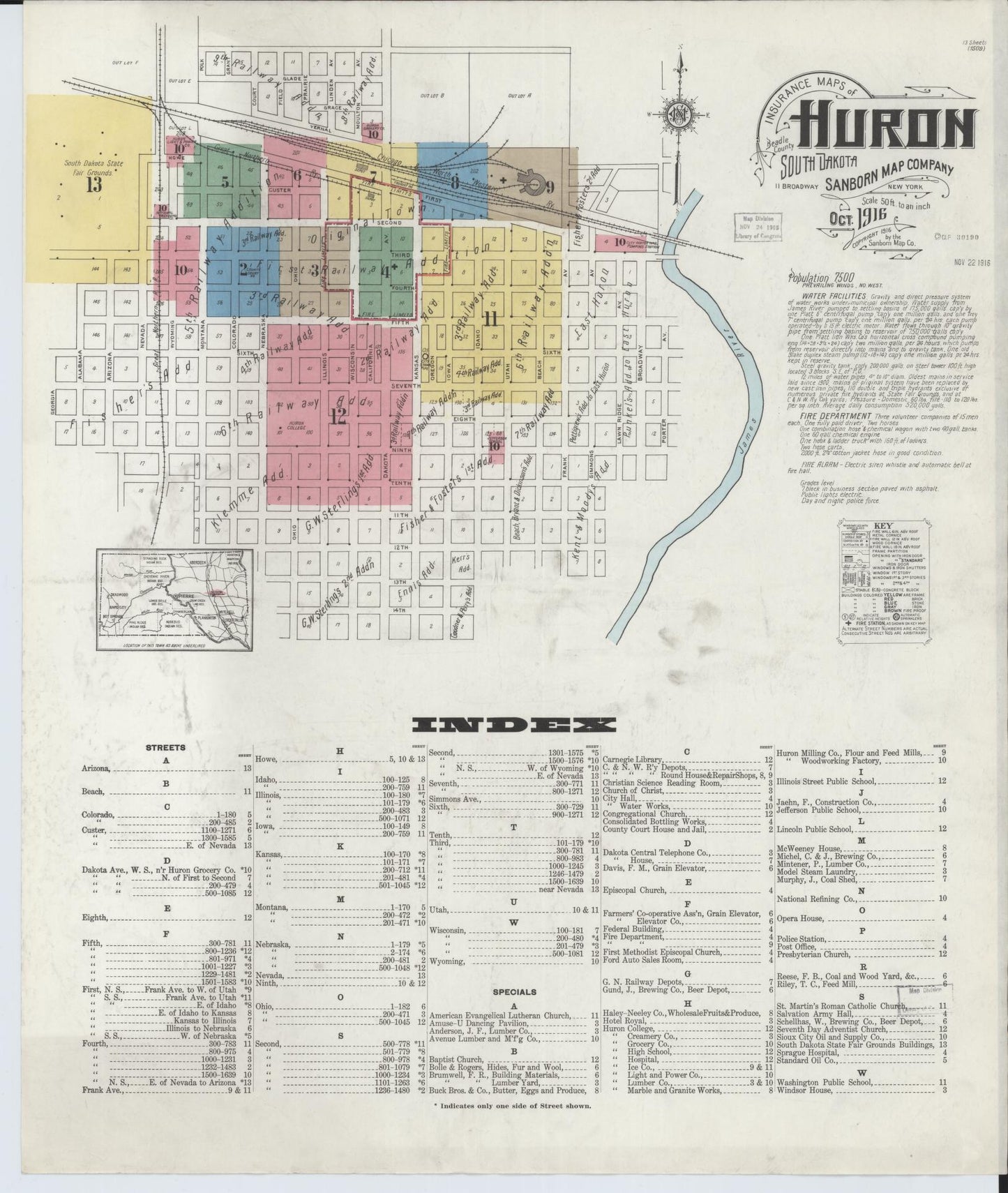 Sanborn Fire Insurance Map from Huron, Beadle County, South Dakota (1916), Sheet #0001 - Complete Map Set gallery image, historic Sanborn map, vintage wall art, South Dakota South Dakota