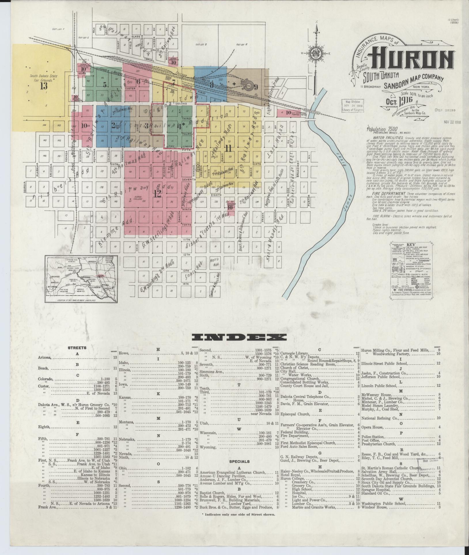 Sanborn Fire Insurance Map from Huron, Beadle County, South Dakota (1916), Sheet #0001 - Complete Map Set gallery image, historic Sanborn map, vintage wall art, South Dakota South Dakota
