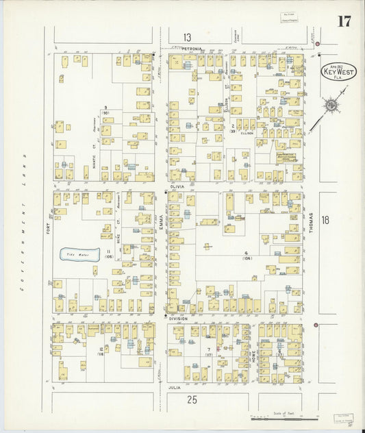 Sanborn Fire Insurance Map from Key West, Monroe County, Florida (1912), Sheet #0017 - Historic Sanborn Fire Insurance Map Print, vintage old map wall art, antique decor, genealogy gift, Florida Florida map