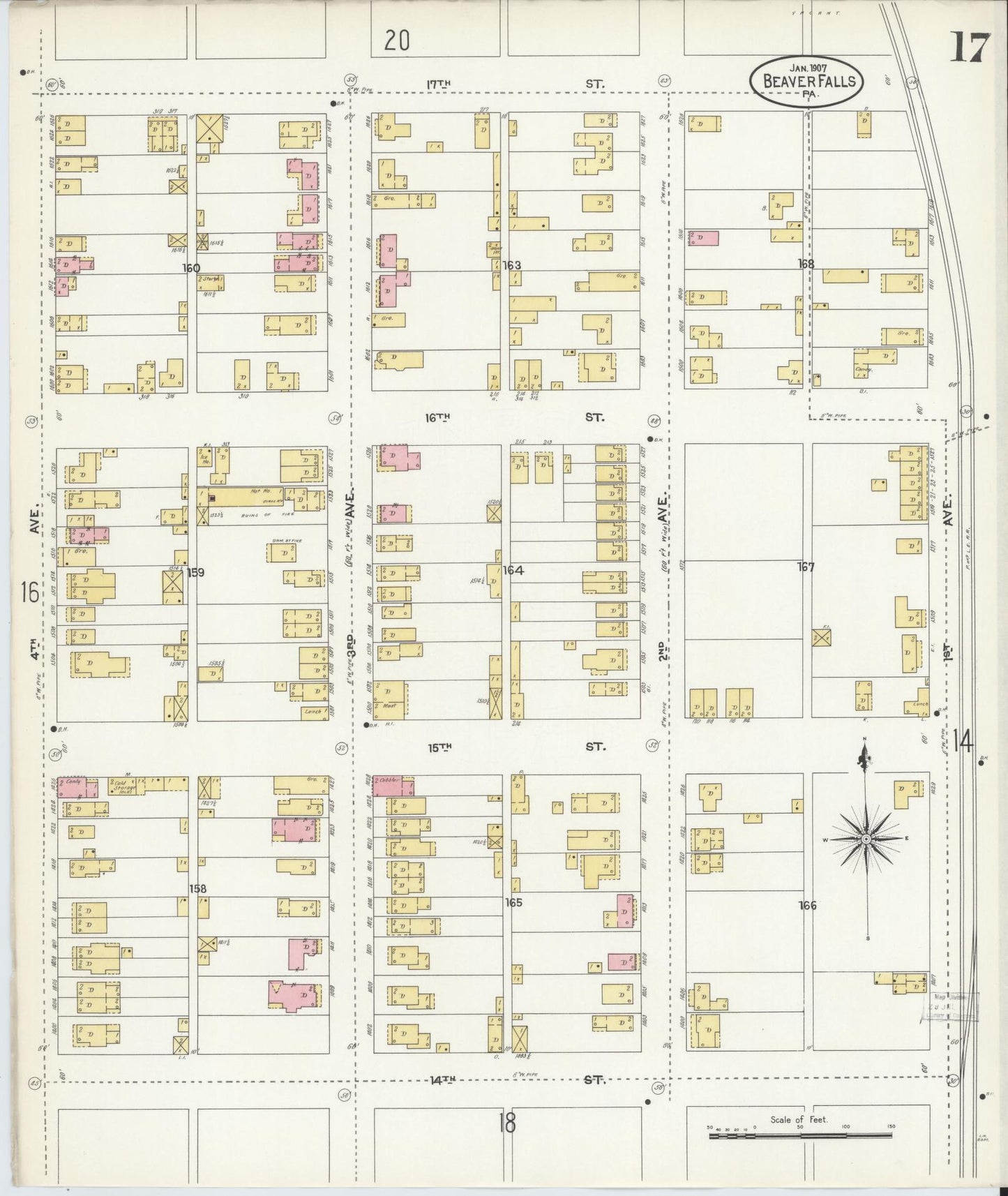 Sanborn Fire Insurance Map from Beaver Falls, Beaver County, Pennsylvania (1907), Sheet #0017 - Historic Sanborn Fire Insurance Map Print, vintage old map wall art, antique decor, genealogy gift, Pennsylvania Pennsylvania map