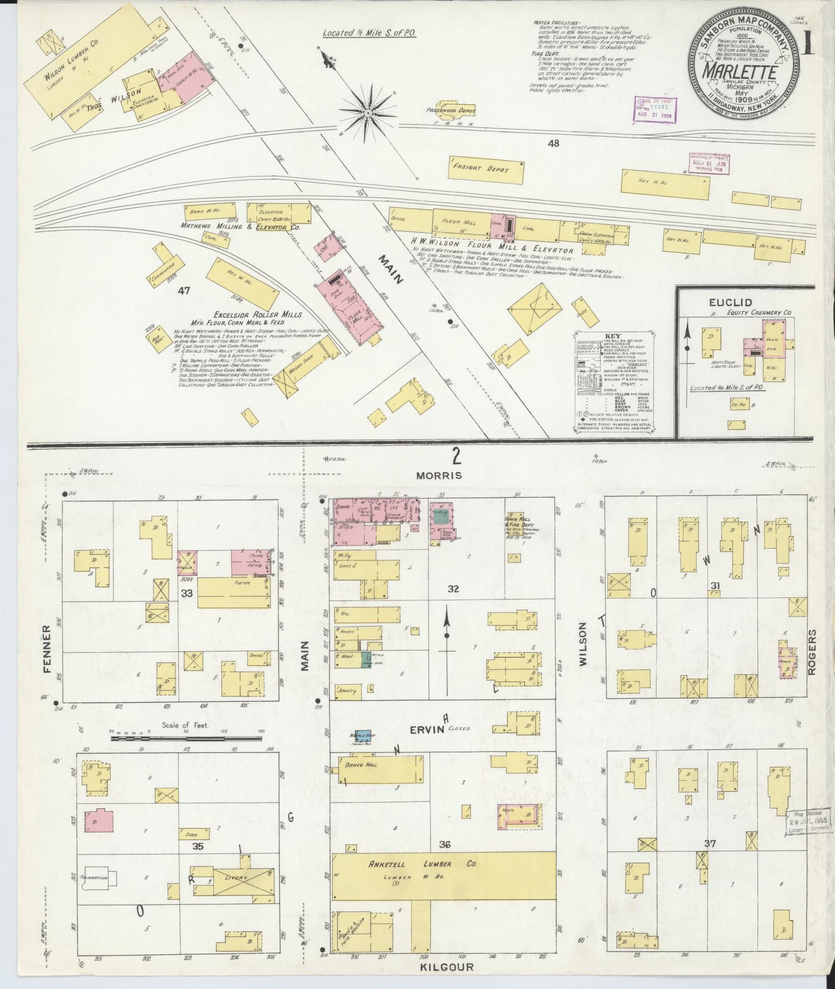 Sanborn Fire Insurance Map from Marlette, Sanilac County, Michigan (1909), Sheet #0001 - Complete Map Set gallery image, historic Sanborn map, vintage wall art, Michigan Michigan