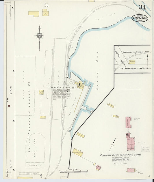 Sanborn Fire Insurance Map from Menominee, Menominee County, Michigan (1913), Sheet #0034 - Historic Sanborn Fire Insurance Map Print, vintage old map wall art, antique decor, genealogy gift, Michigan Michigan map