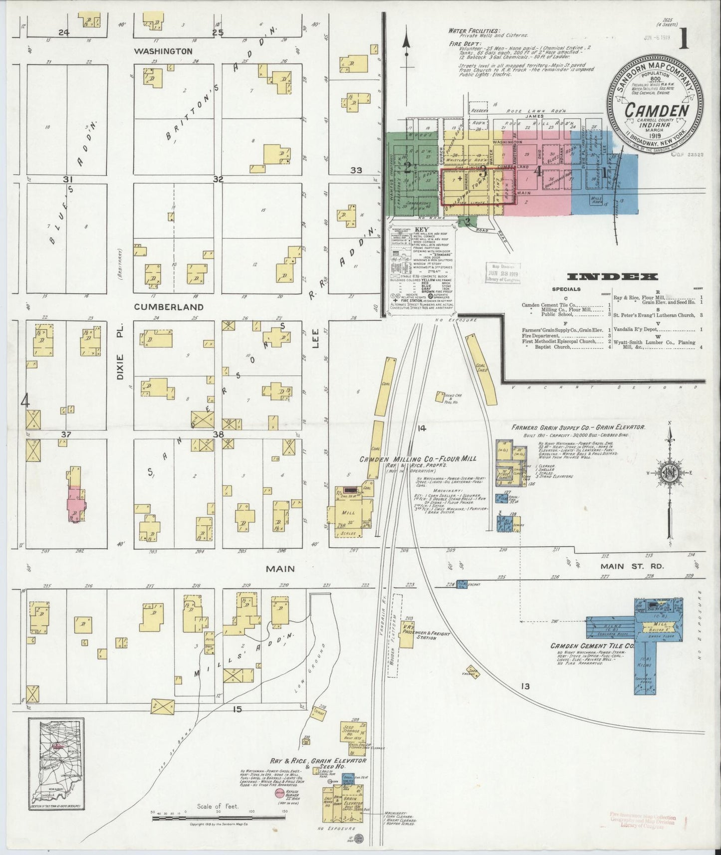 Sanborn Fire Insurance Map from Camden, Carroll County, Indiana (1919), Sheet #0001 - Historic Sanborn Fire Insurance Map Print, vintage old map wall art, antique decor, genealogy gift, Indiana Indiana map