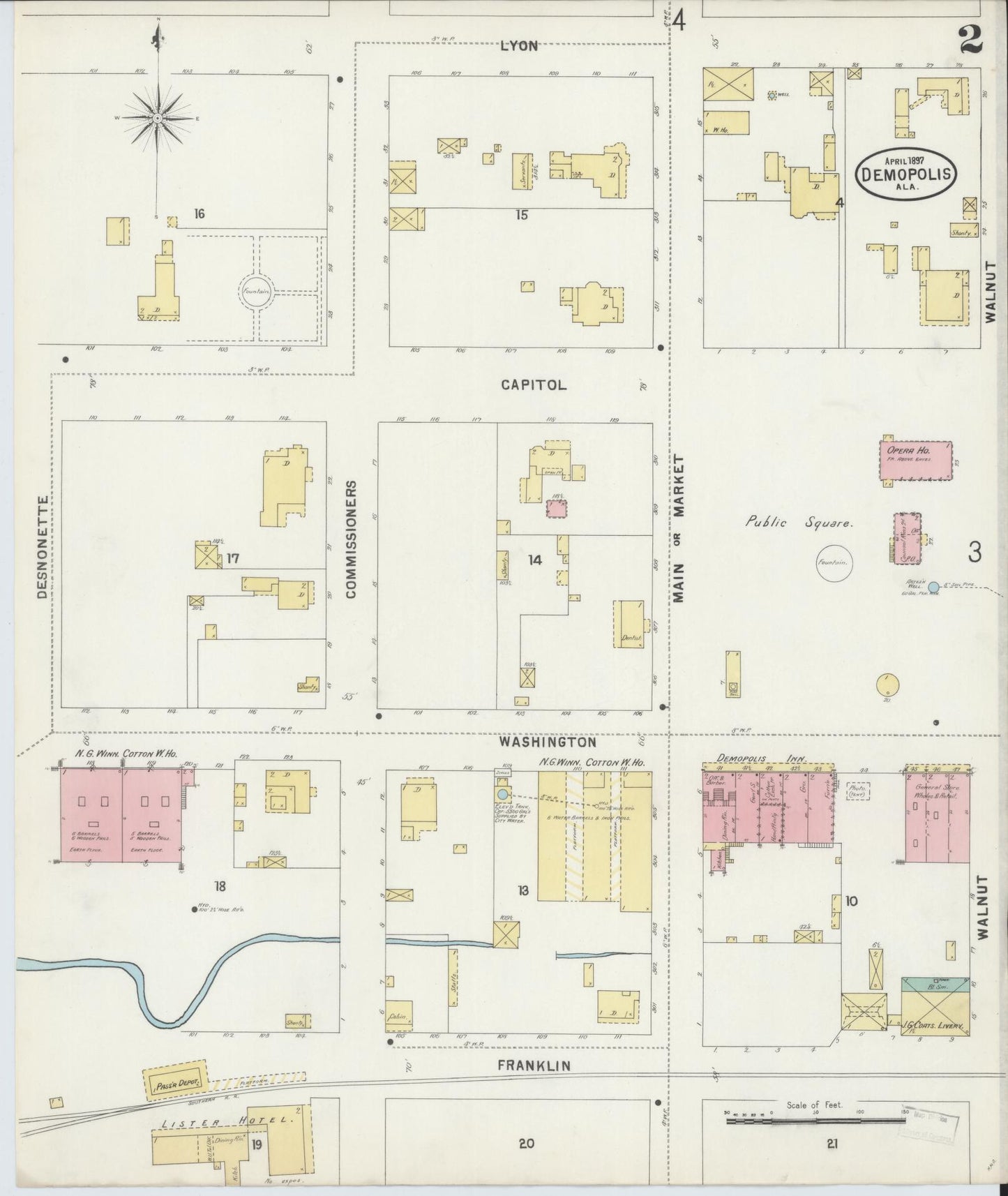 Sanborn Fire Insurance Map from Demopolis, Marengo County, Alabama (1897), Sheet #0002 - Historic Sanborn Fire Insurance Map Print, vintage old map wall art, antique decor, genealogy gift, Alabama Alabama map
