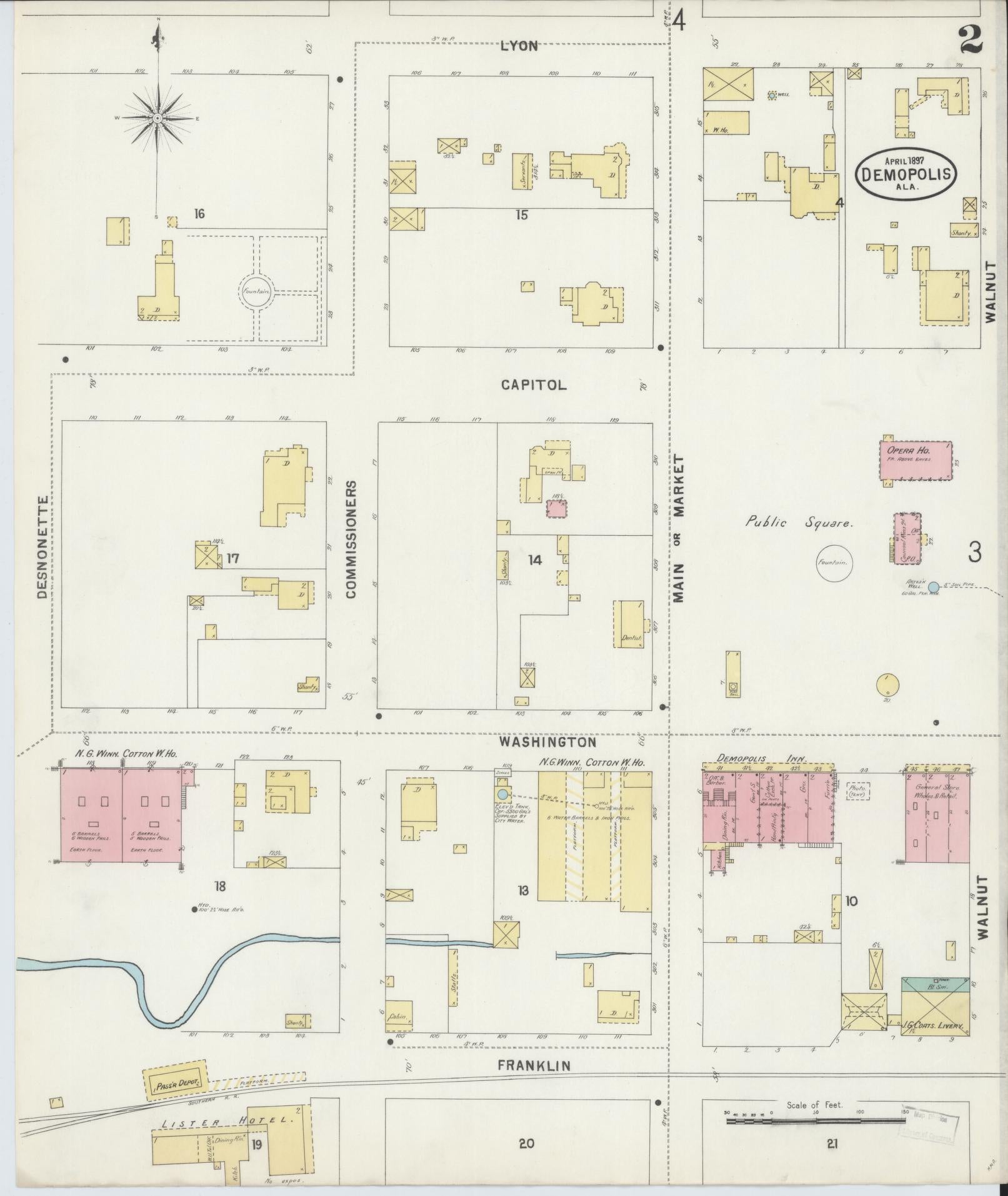 Sanborn Fire Insurance Map from Demopolis, Marengo County, Alabama (1897), Sheet #0002 - Historic Sanborn Fire Insurance Map Print, vintage old map wall art, antique decor, genealogy gift, Alabama Alabama map
