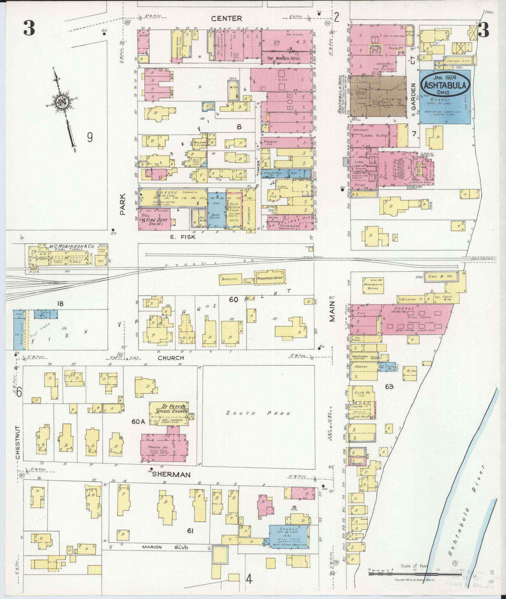 Sanborn Fire Insurance Map from Ashtabula, Ashtabula County, Ohio (1924), Sheet #0003 - Historic Sanborn Fire Insurance Map Print, vintage old map wall art, antique decor, genealogy gift, Ohio Ohio map