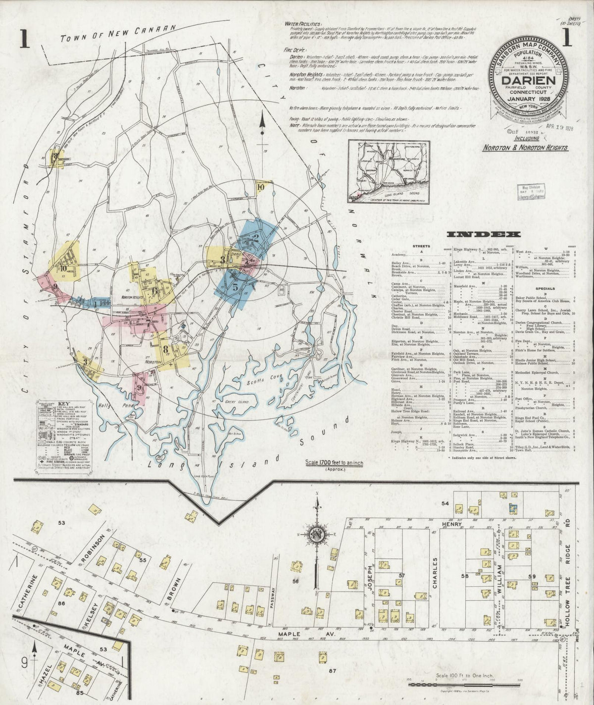 Sanborn Fire Insurance Map from Darien, Fairfield County, Connecticut (1928), Sheet #0001 - Historic Sanborn Fire Insurance Map Print, vintage old map wall art, antique decor, genealogy gift, Connecticut Connecticut map