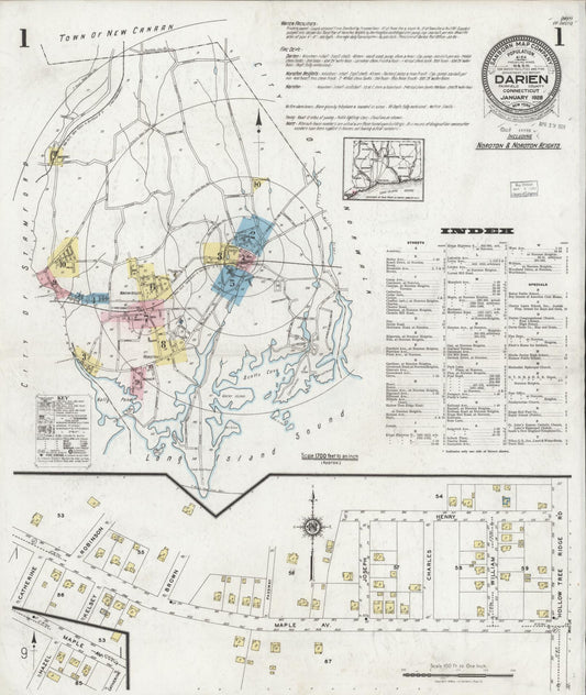 Sanborn Fire Insurance Map from Darien, Fairfield County, Connecticut (1928), Sheet #0001 - Historic Sanborn Fire Insurance Map Print, vintage old map wall art, antique decor, genealogy gift, Connecticut Connecticut map