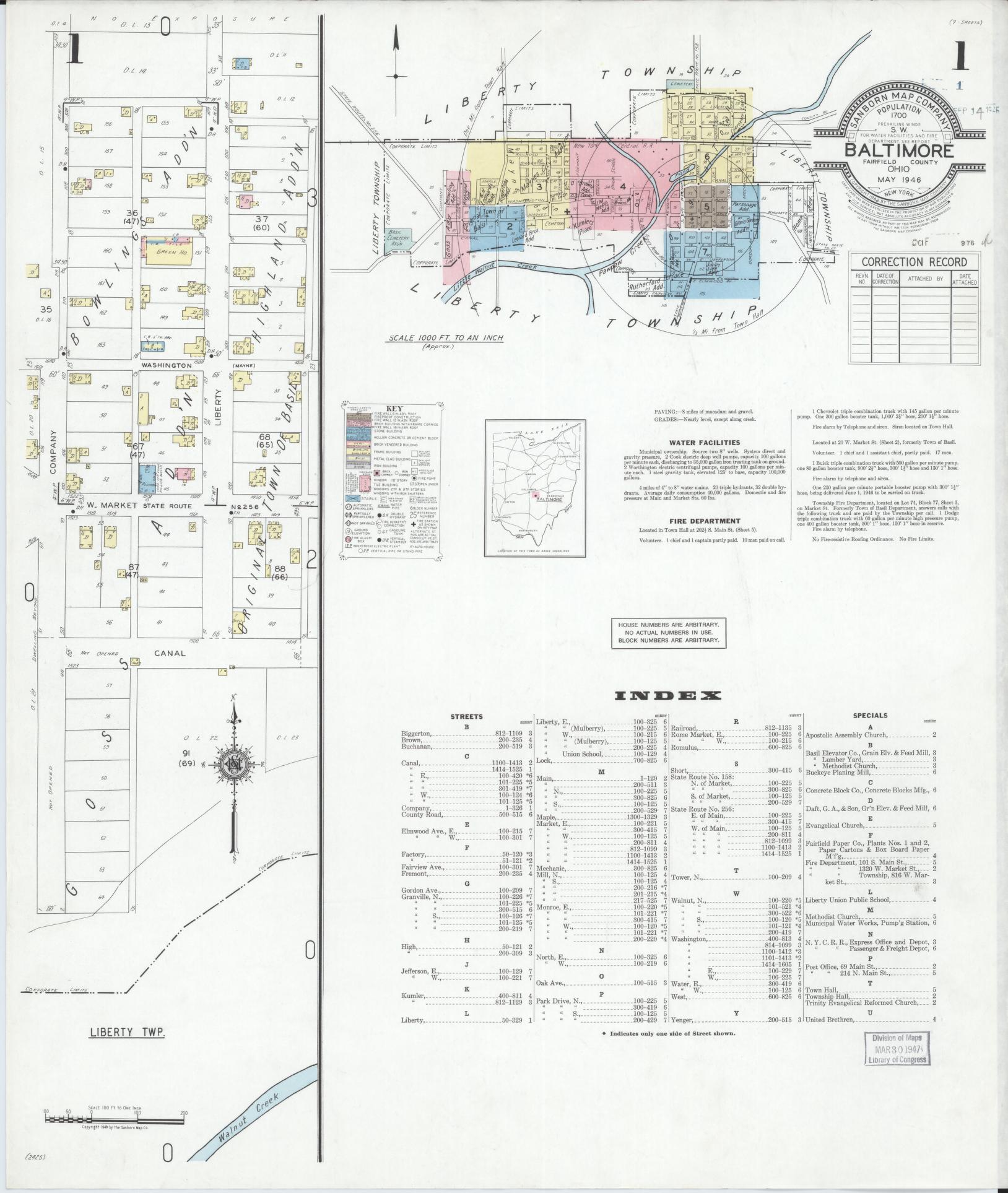 Sanborn Fire Insurance Map from Baltimore, Fairfield County, Ohio (1946), Sheet #0001 - Complete Map Set gallery image, historic Sanborn map, vintage wall art, Ohio Ohio