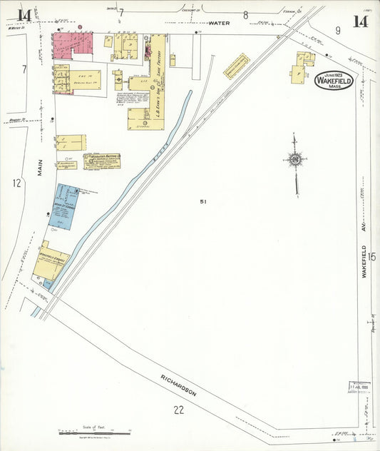 Sanborn Fire Insurance Map from Wakefield, Middlesex County, Massachusetts (1923), Sheet #0014 - Historic Sanborn Fire Insurance Map Print, vintage old map wall art, antique decor, genealogy gift, Massachusetts Massachusetts map