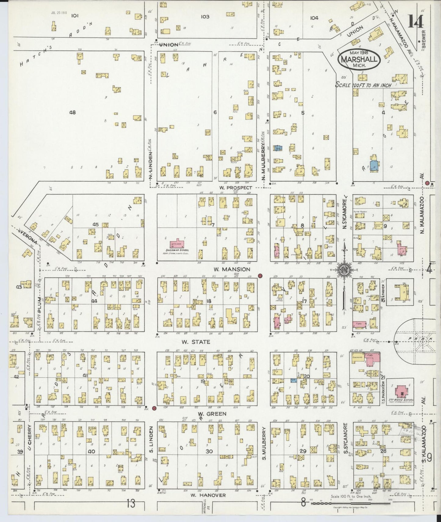 Sanborn Fire Insurance Map from Marshall, Calhoun County, Michigan (1916), Sheet #0014 - Historic Sanborn Fire Insurance Map Print, vintage old map wall art, antique decor, genealogy gift, Michigan Michigan map