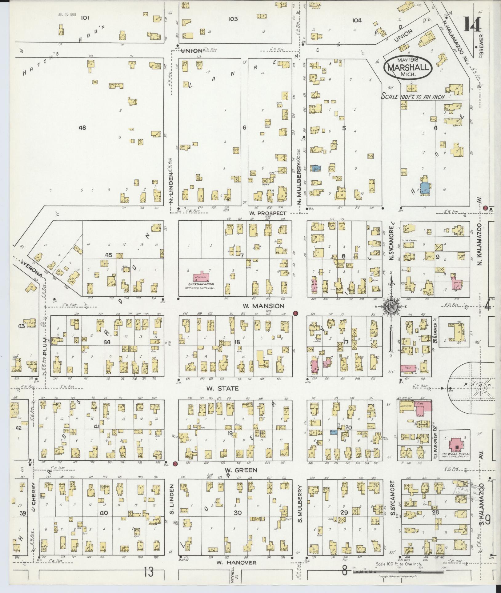 Sanborn Fire Insurance Map from Marshall, Calhoun County, Michigan (1916), Sheet #0014 - Historic Sanborn Fire Insurance Map Print, vintage old map wall art, antique decor, genealogy gift, Michigan Michigan map
