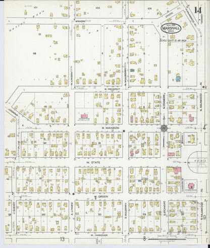Sanborn Fire Insurance Map from Marshall, Calhoun County, Michigan (1916), Sheet #0014 - Historic Sanborn Fire Insurance Map Print, vintage old map wall art, antique decor, genealogy gift, Michigan Michigan map