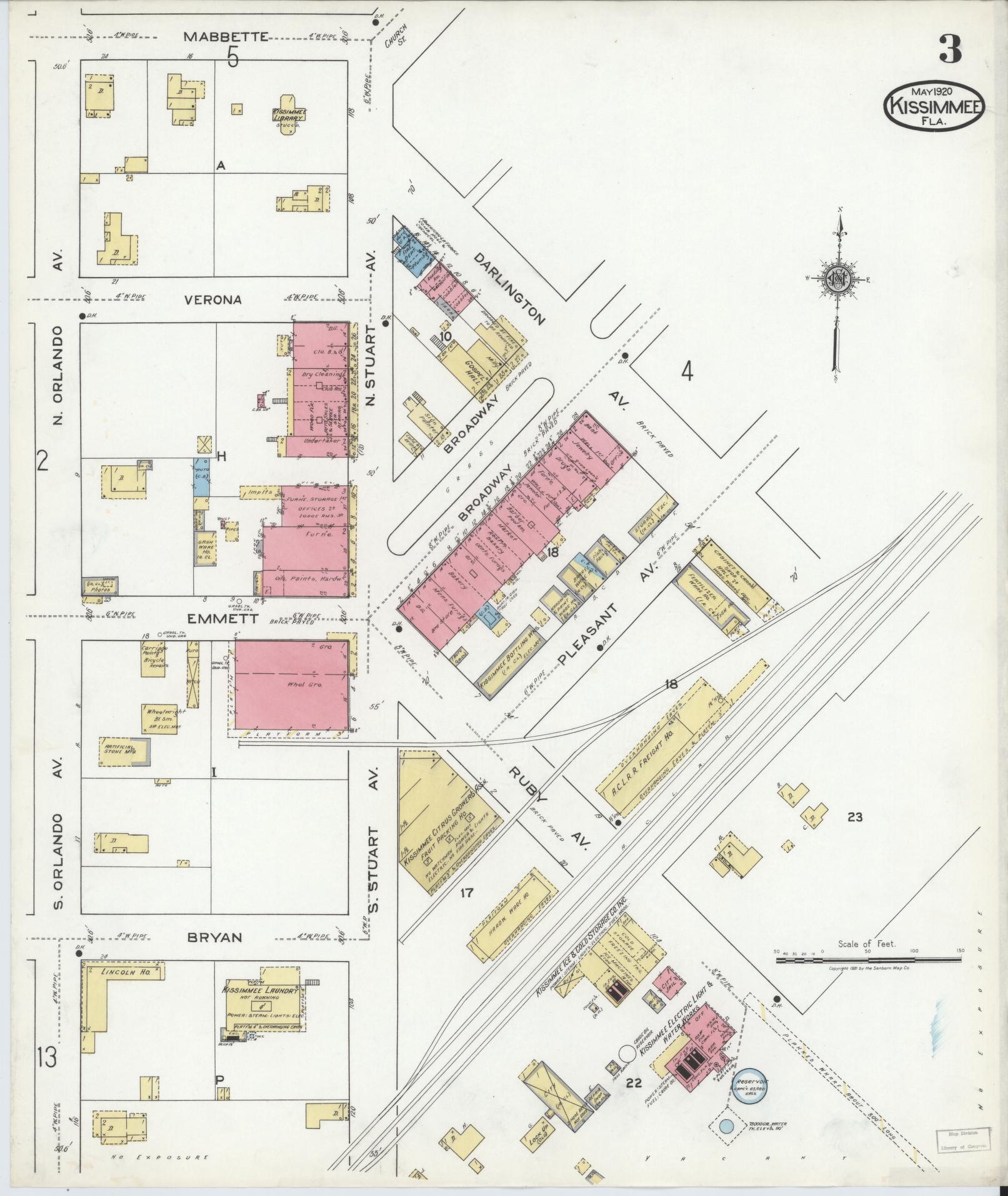 Sanborn Fire Insurance Map from Kissimmee, Osceola County, Florida (1920), Sheet #0003 - Complete Map Set gallery image, historic Sanborn map, vintage wall art, Florida Florida