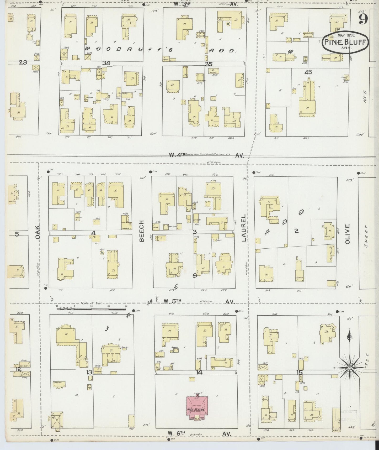 Sanborn Fire Insurance Map from Pine Bluff, Jefferson County, Arkansas (1892), Sheet #0009 - Complete Map Set gallery image, historic Sanborn map, vintage wall art, Arkansas Arkansas