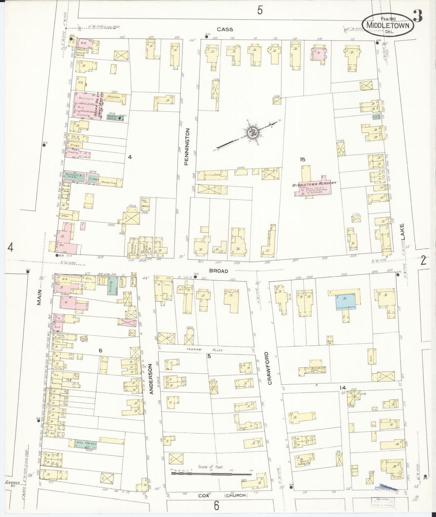 Sanborn Fire Insurance Map from Middletown, New Castle County, Delaware (1910), Sheet #0003 - Historic Sanborn Fire Insurance Map Print, vintage old map wall art, antique decor, genealogy gift, Delaware Delaware map