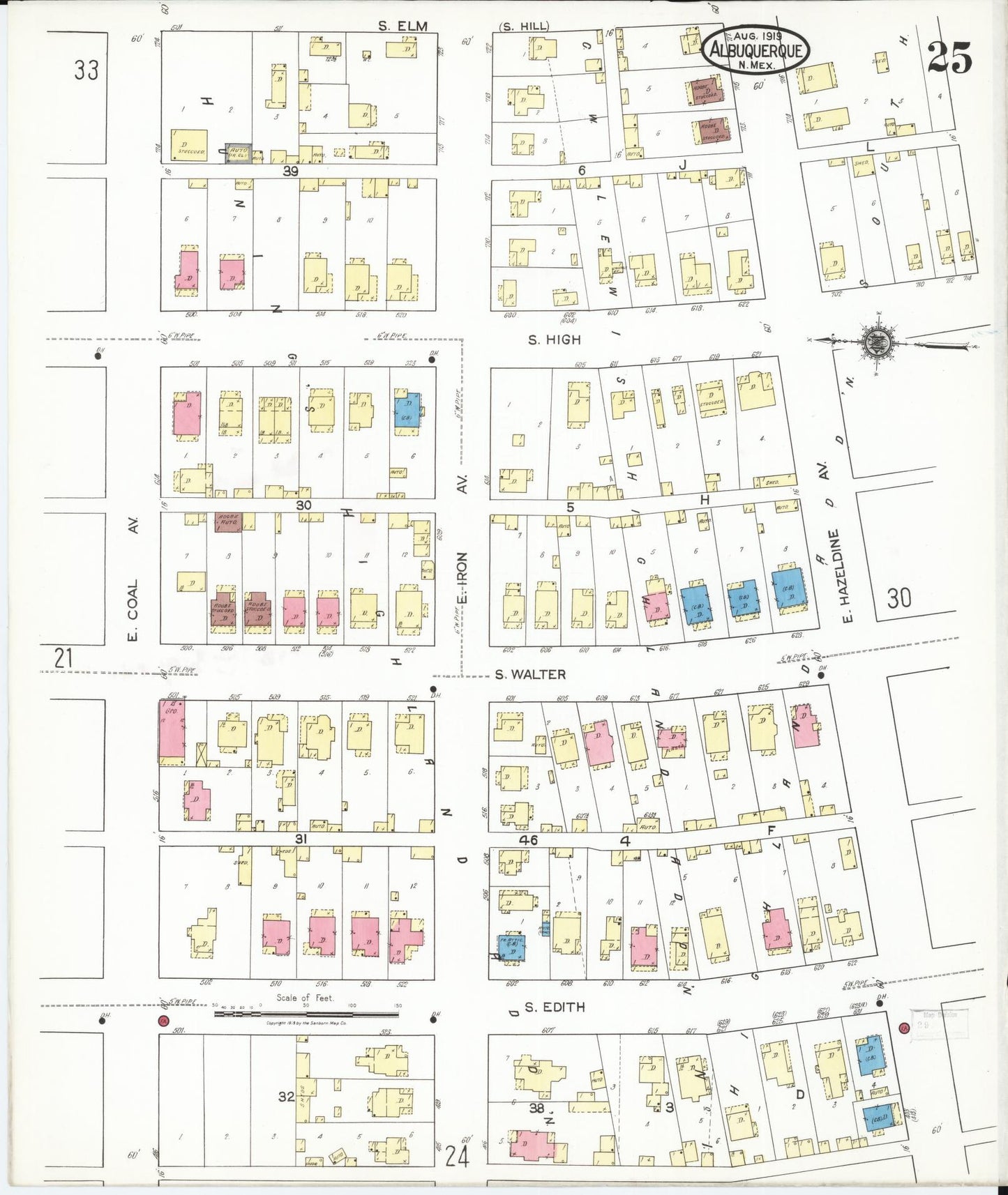 Sanborn Fire Insurance Map from Albuquerque, Bernalillo County, New Mexico (1919), Sheet #0025 - Historic Sanborn Fire Insurance Map Print, vintage old map wall art, antique decor, genealogy gift, New Mexico New Mexico map