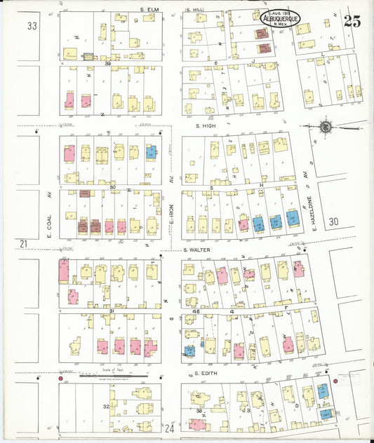 Sanborn Fire Insurance Map from Albuquerque, Bernalillo County, New Mexico (1919), Sheet #0025 - Historic Sanborn Fire Insurance Map Print, vintage old map wall art, antique decor, genealogy gift, New Mexico New Mexico map