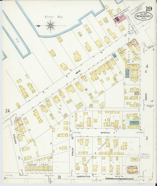 Sanborn Fire Insurance Map from Menominee, Menominee County, Michigan (1907), Sheet #0019 - Historic Sanborn Fire Insurance Map Print, vintage old map wall art, antique decor, genealogy gift, Michigan Michigan map