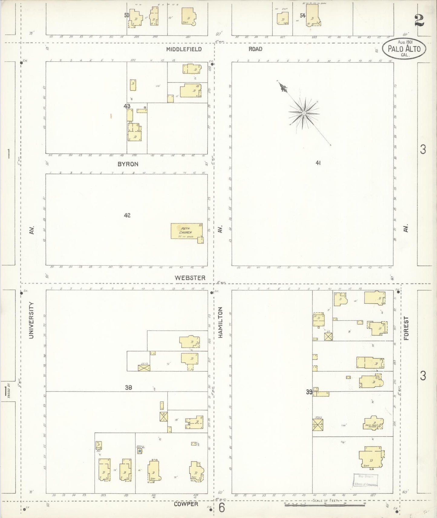 Sanborn Fire Insurance Map from Palo Alto, Santa Clara County, California (1901), Sheet #0002 - Complete Map Set gallery image, historic Sanborn map, vintage wall art, California California