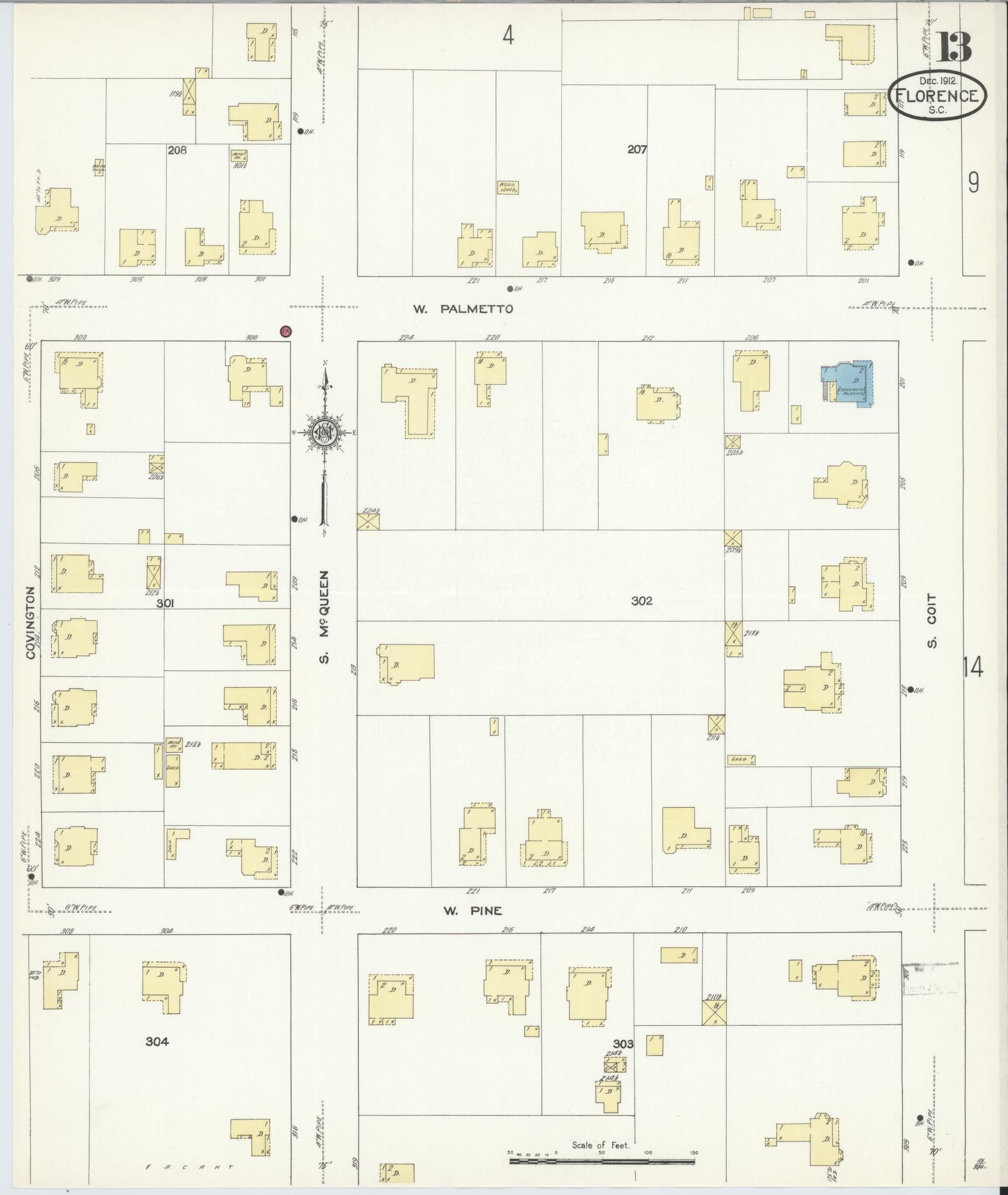 Sanborn Fire Insurance Map from Florence, Florence County, South Carolina (1912), Sheet #0013 - Complete Map Set gallery image, historic Sanborn map, vintage wall art, South Carolina South Carolina