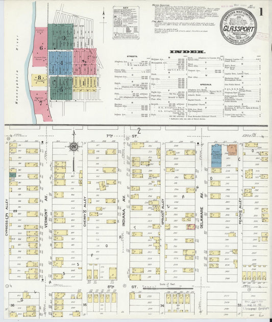 Sanborn Fire Insurance Map from Glassport, Allegheny County, Pennsylvania (1909), Sheet #0001 - Historic Sanborn Fire Insurance Map Print, vintage old map wall art, antique decor, genealogy gift, Pennsylvania Pennsylvania map