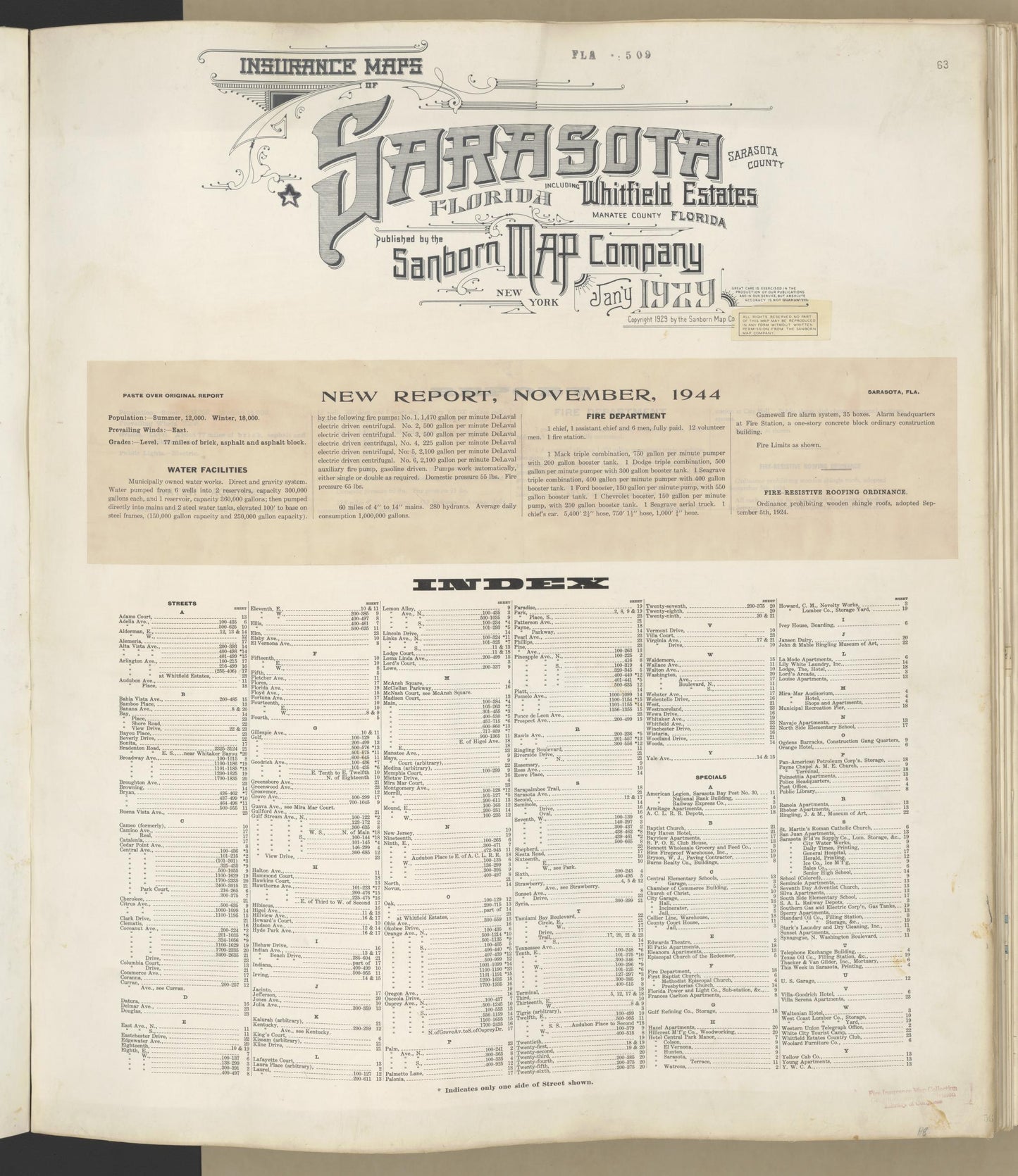 Sanborn Fire Insurance Map from Sarasota, Sarasota County, Florida (1948), Sheet #0001 - Historic Sanborn Fire Insurance Map Print, vintage old map wall art, antique decor, genealogy gift, Florida Florida map