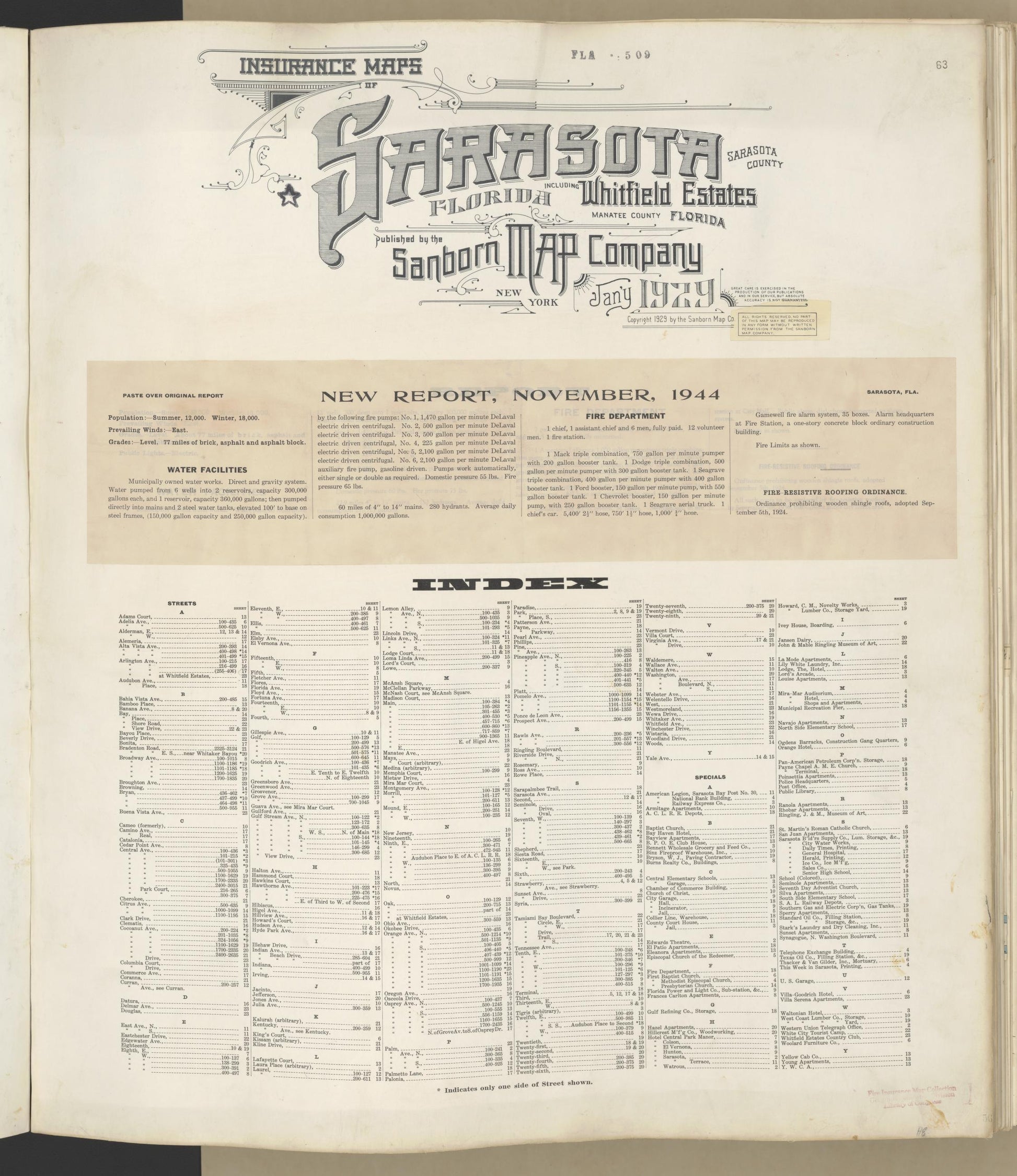 Sanborn Fire Insurance Map from Sarasota, Sarasota County, Florida (1948), Sheet #0001 - Historic Sanborn Fire Insurance Map Print, vintage old map wall art, antique decor, genealogy gift, Florida Florida map