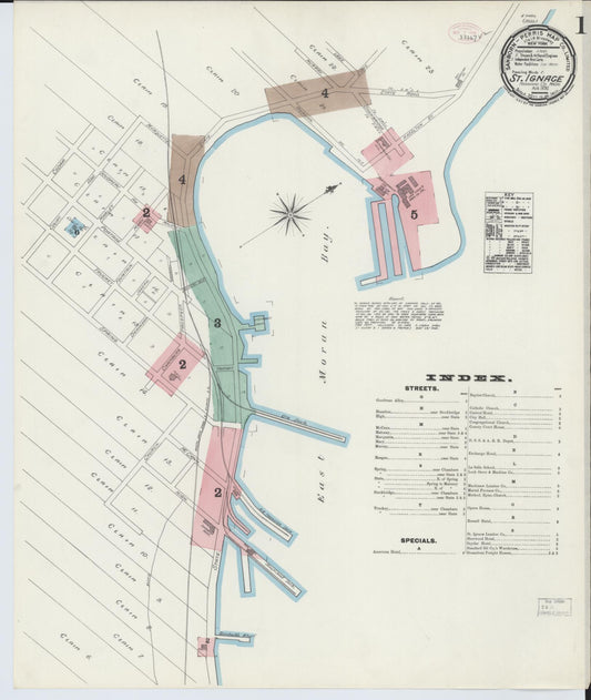 Sanborn Fire Insurance Map from Saint Ignace, Mackinac County, Michigan (1890), Sheet #0001 - Historic Sanborn Fire Insurance Map Print, vintage old map wall art, antique decor, genealogy gift, Michigan Michigan map
