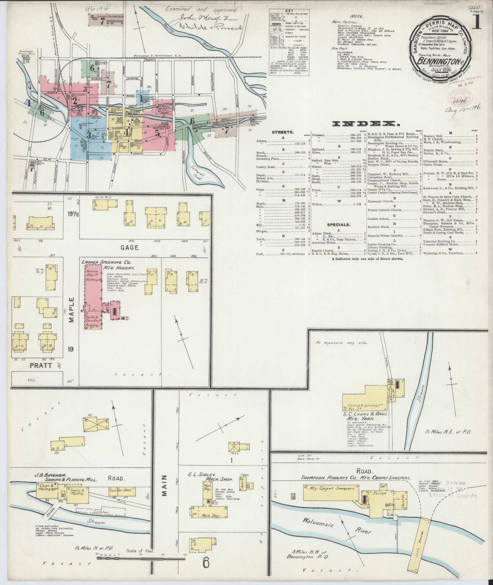 Sanborn Fire Insurance Map from Bennington, Bennington County, Vermont (1896), Sheet #0001 - Complete Map Set gallery image, historic Sanborn map, vintage wall art, Vermont Vermont