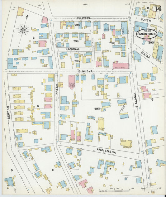Sanborn Fire Insurance Map from San Antonio, Bexar County, Texas (1892), Sheet #0014 - Historic Sanborn Fire Insurance Map Print, vintage old map wall art, antique decor, genealogy gift, Texas Texas map