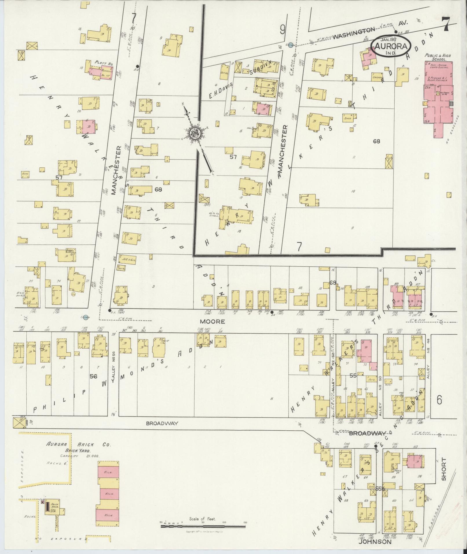 Sanborn Fire Insurance Map from Aurora, Dearborn County, Indiana (1917), Sheet #0007 - Historic Sanborn Fire Insurance Map Print, vintage old map wall art, antique decor, genealogy gift, Indiana Indiana map