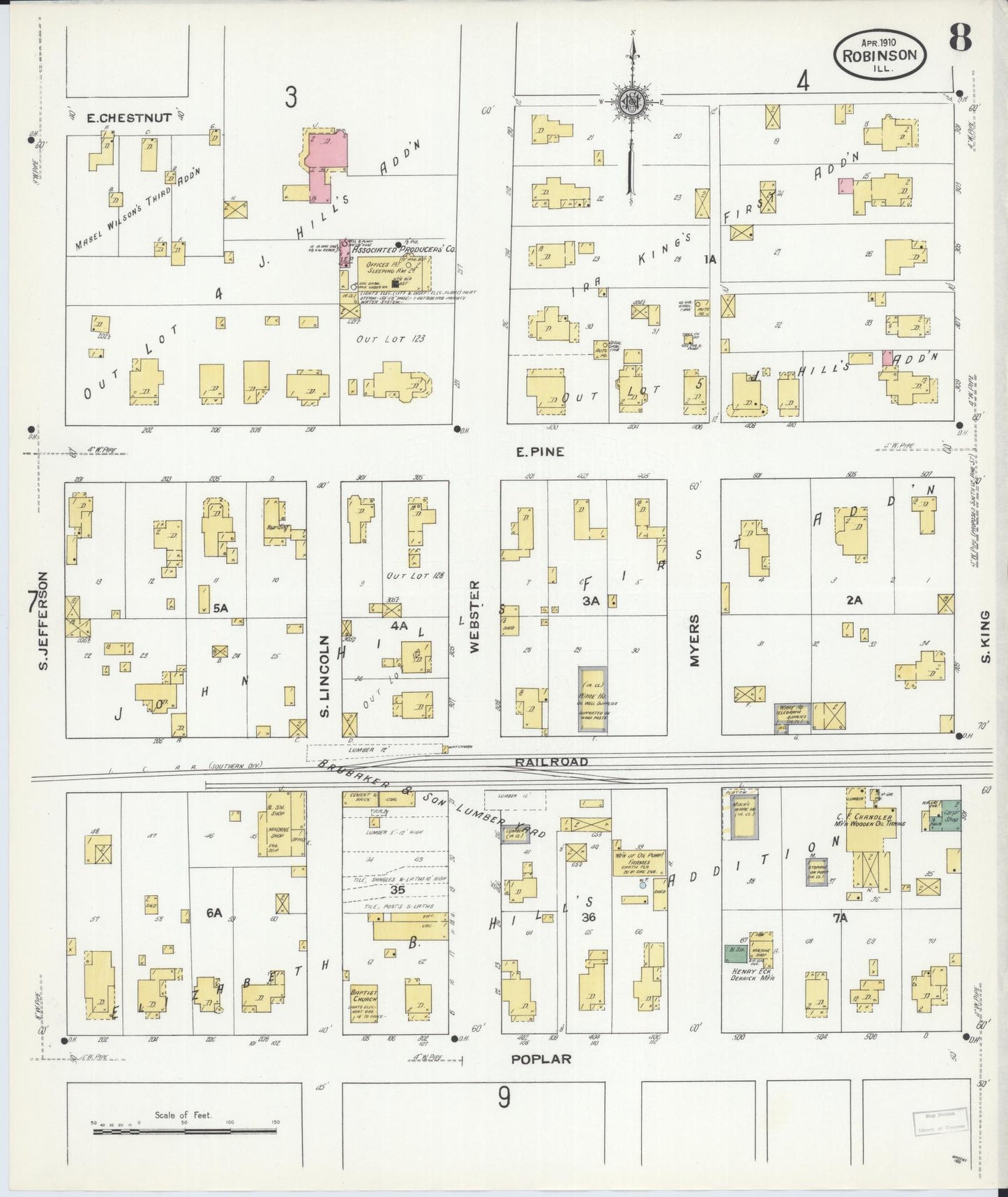 Sanborn Fire Insurance Map from Robinson, Crawford County, Illinois (1910), Sheet #0008 - Historic Sanborn Fire Insurance Map Print, vintage old map wall art, antique decor, genealogy gift, Illinois Illinois map