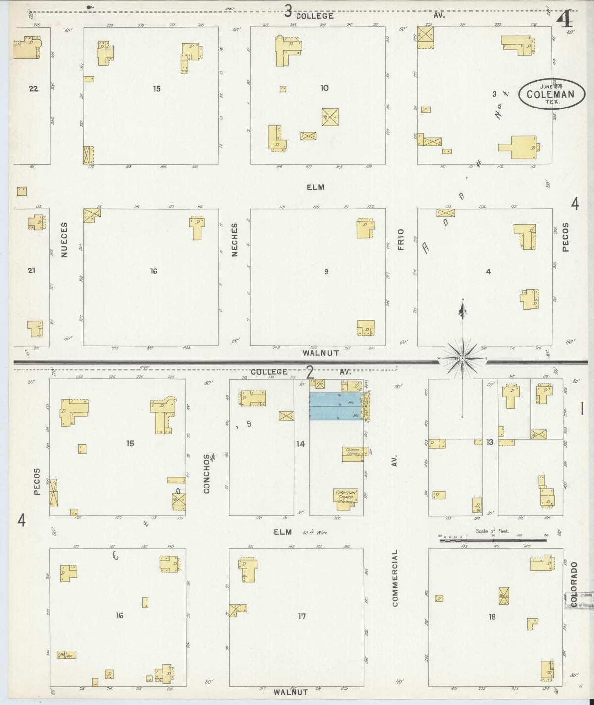 Sanborn Fire Insurance Map from Coleman, Coleman County, Texas (1898), Sheet #0004 - Historic Sanborn Fire Insurance Map Print, vintage old map wall art, antique decor, genealogy gift, Texas Texas map