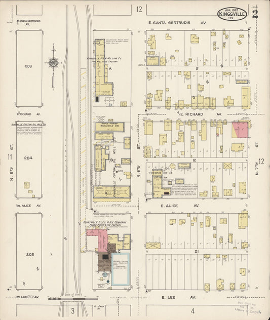 Sanborn Fire Insurance Map from Kingsville, Kleberg County, Texas (1922), Sheet #0002 - Historic Sanborn Fire Insurance Map Print, vintage old map wall art, antique decor, genealogy gift, Texas Texas map