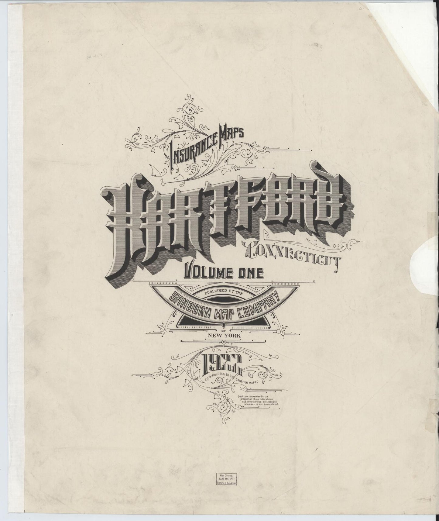 Sanborn Fire Insurance Map from Hartford, Hartford County, Connecticut (1922), Sheet #0001 - Historic Sanborn Fire Insurance Map Print, vintage old map wall art, antique decor, genealogy gift, Connecticut Connecticut map