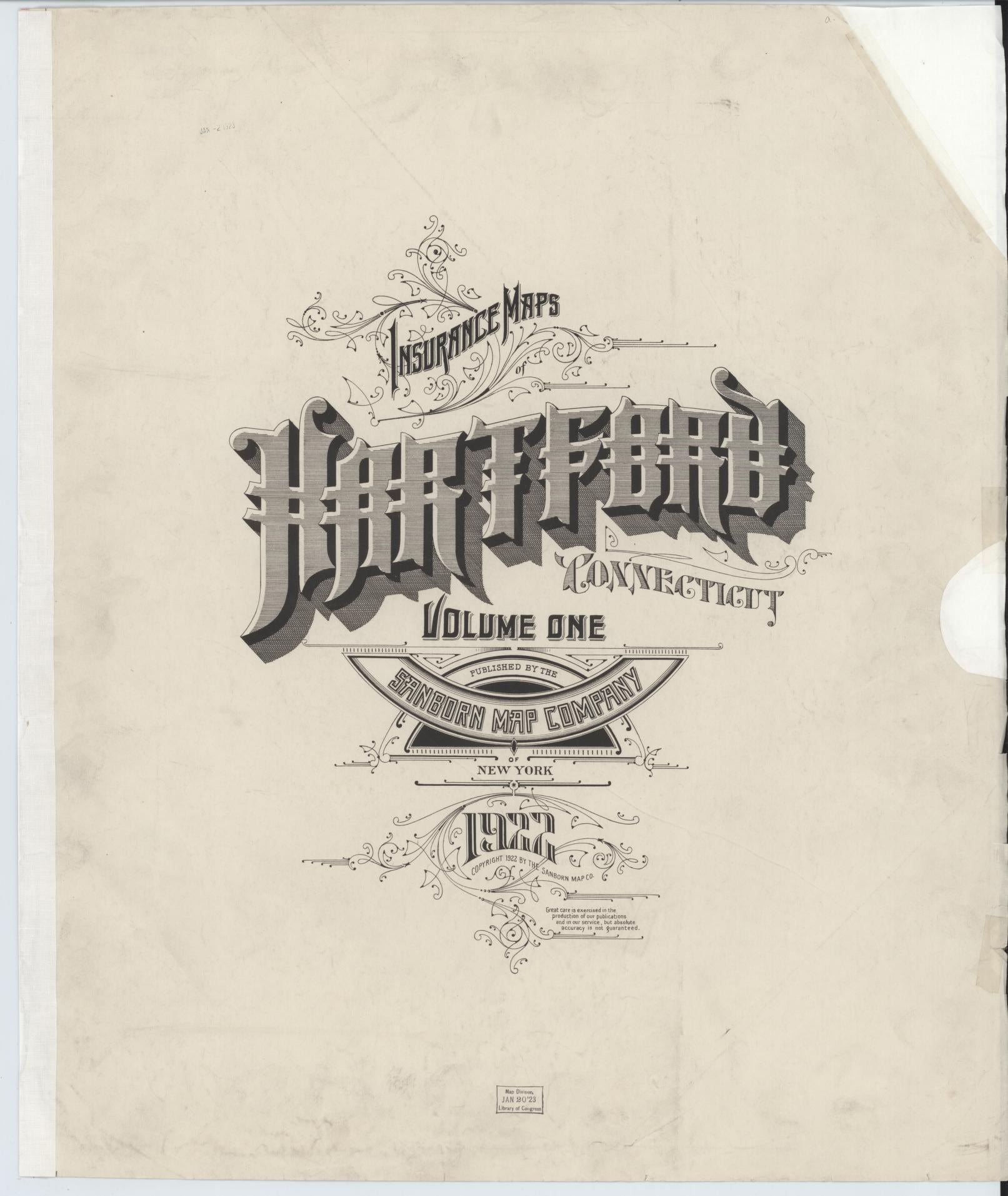 Sanborn Fire Insurance Map from Hartford, Hartford County, Connecticut (1922), Sheet #0001 - Historic Sanborn Fire Insurance Map Print, vintage old map wall art, antique decor, genealogy gift, Connecticut Connecticut map