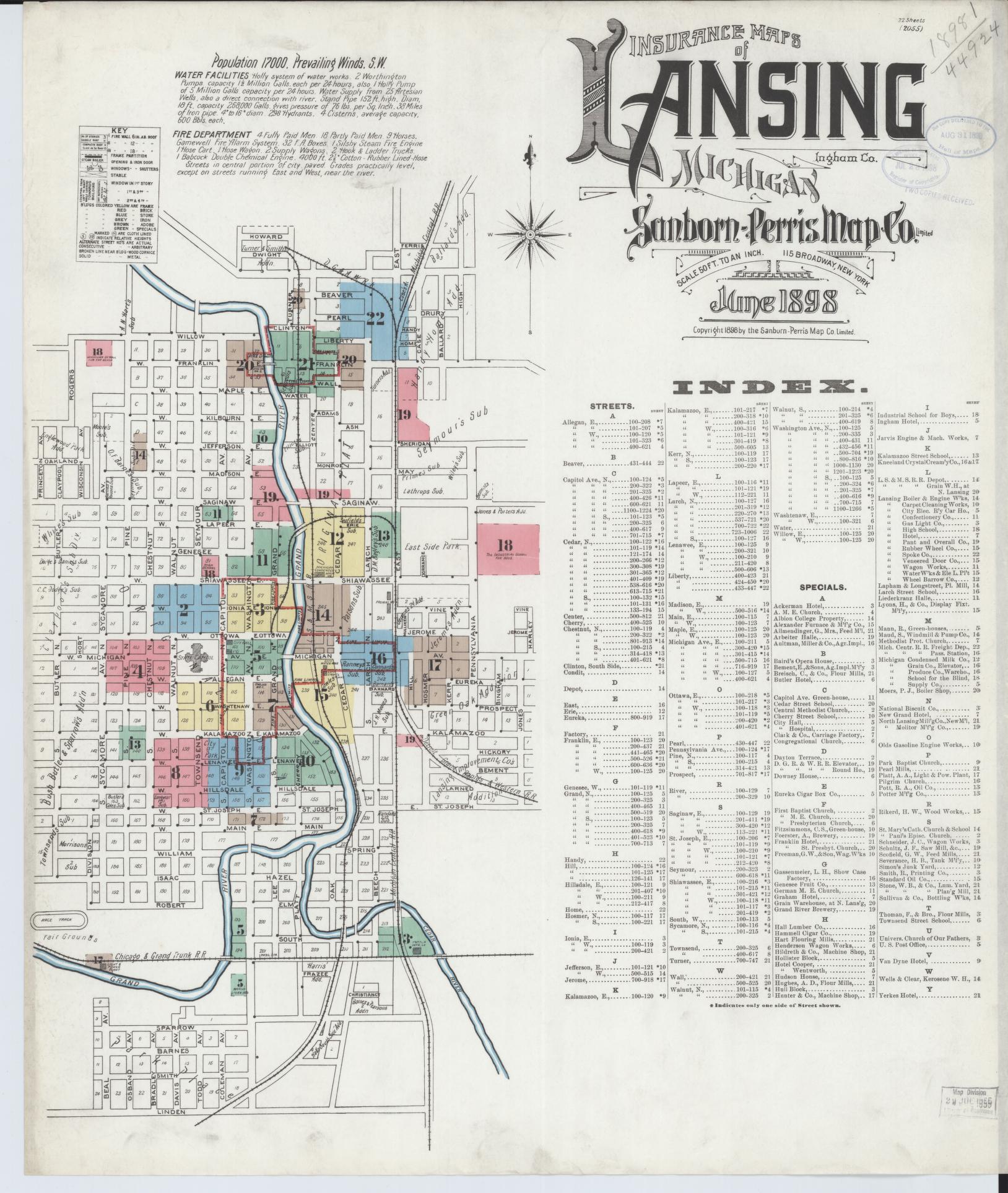 Sanborn Fire Insurance Map from Lansing, Ingham County, Michigan (1898), Sheet #0001 - Historic Sanborn Fire Insurance Map Print, vintage old map wall art, antique decor, genealogy gift, Michigan Michigan map