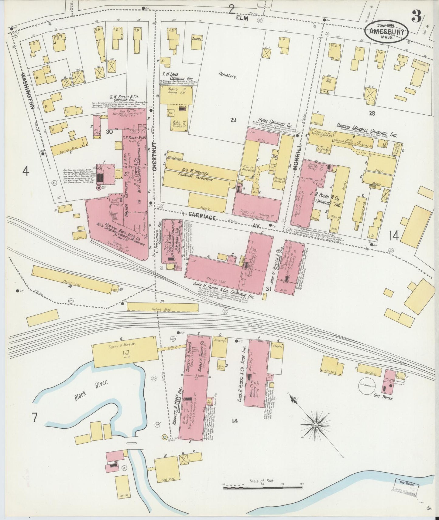 Sanborn Fire Insurance Map from Amesbury, Essex County, Massachusetts (1899), Sheet #0003 - Historic Sanborn Fire Insurance Map Print, vintage old map wall art, antique decor, genealogy gift, Massachusetts Massachusetts map